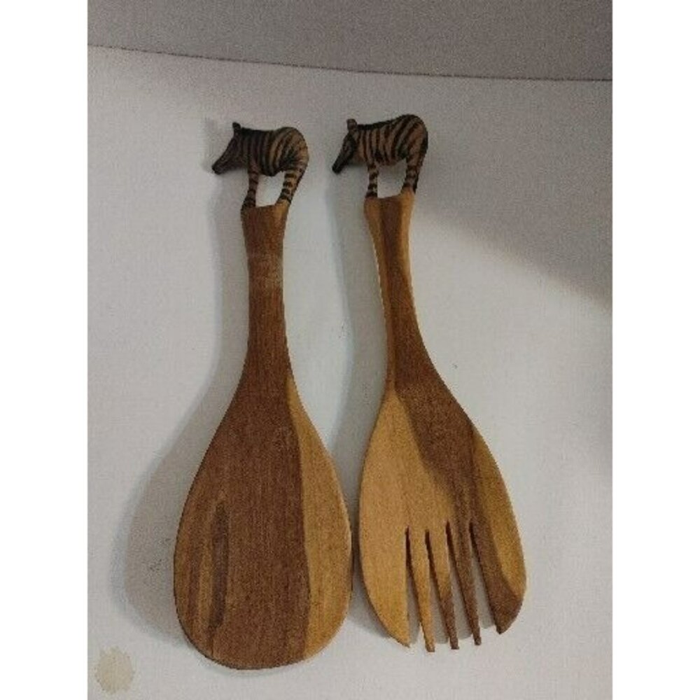 Handcarved Wooden Zebra Decorative Salad Fork and Spoon